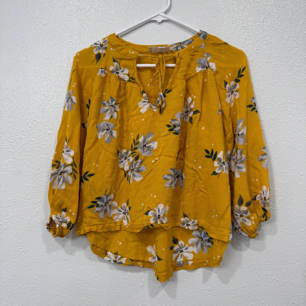 LoveStitch Yellow Floral Print Keyhole Neck 3/4 Sleeve Top Size S